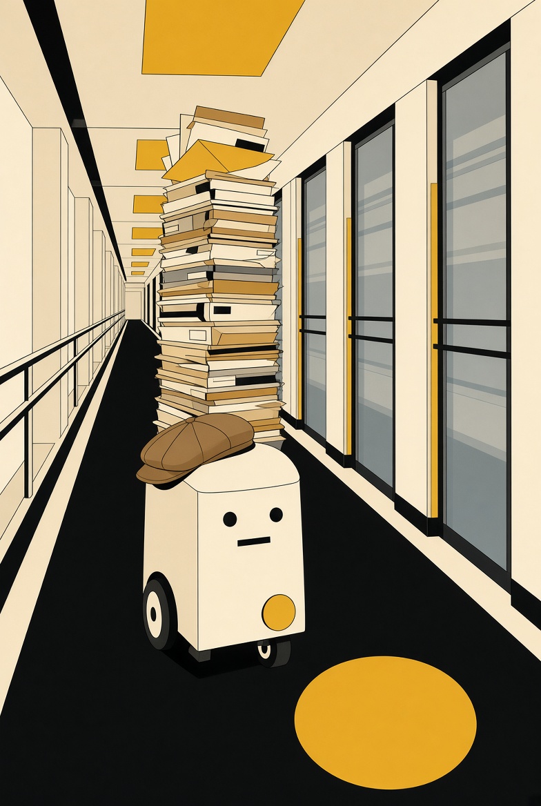 Copyboy rolling down a corridor with a tall stack of paperwork on his head