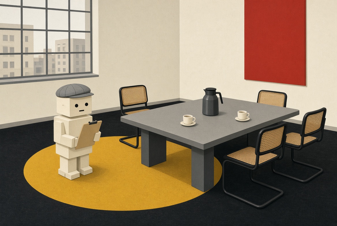 Copyboy standing with a clipboard in an empty meeting room, waiting