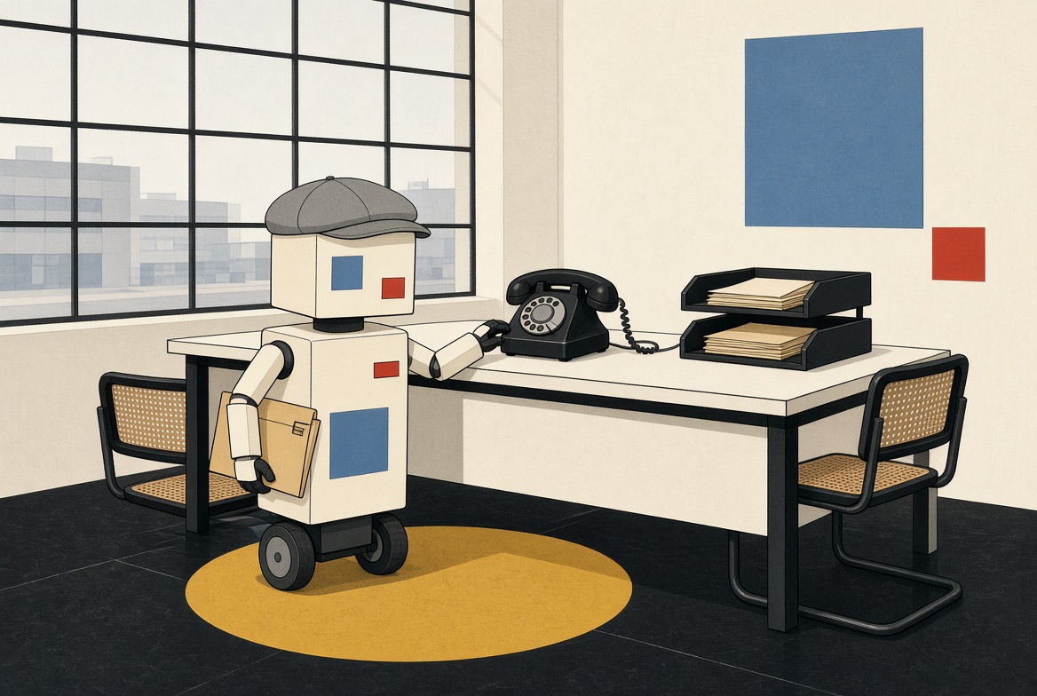 Copyboy at a desk with a rotary phone and paper trays